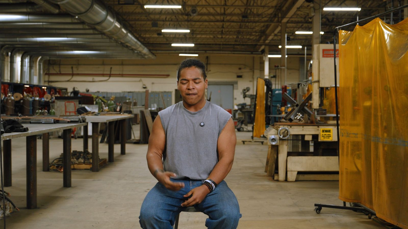 Aliyus in the welding shop at Thaddeus Stevens College of Technology